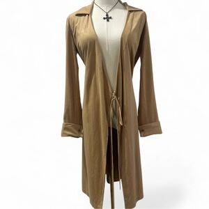 y2k Tan Camel Faux Suede Duster Cardigan with Tie Waist Collard Size 6*
